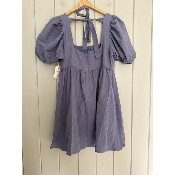 NEW Altar’d State Mini Dress M Medium Gracie Puff Sleeves Denim Blue Tie NEW - Picture 2 of 11